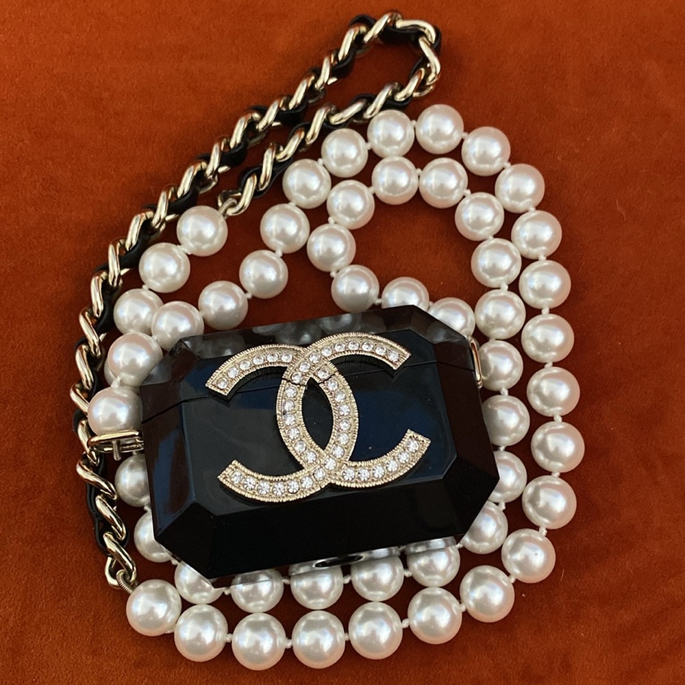 Chanel Cocomark AirPods earphone case chain pearl rhinestone